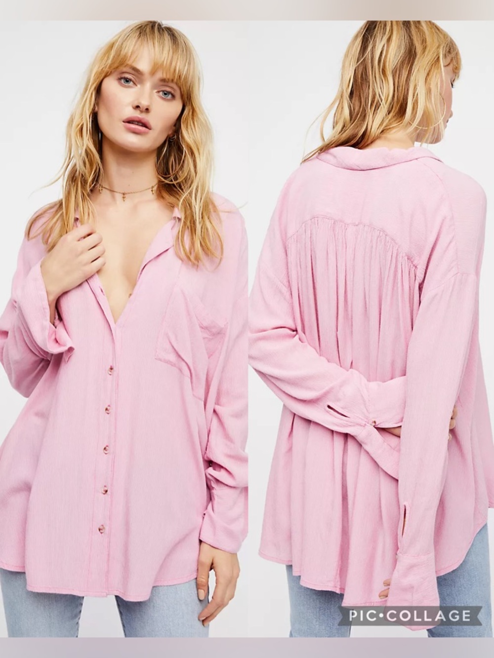 Free People Pink Micro-Pinstripe Gauzy Peasant Blouse Button-down Shirt